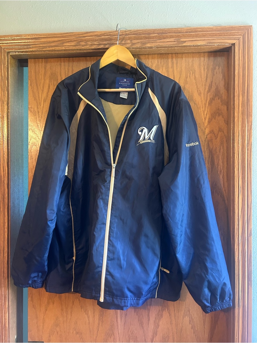 Reebok Navy and Tan Milwaukee Brewers Windbreaker Jacket
